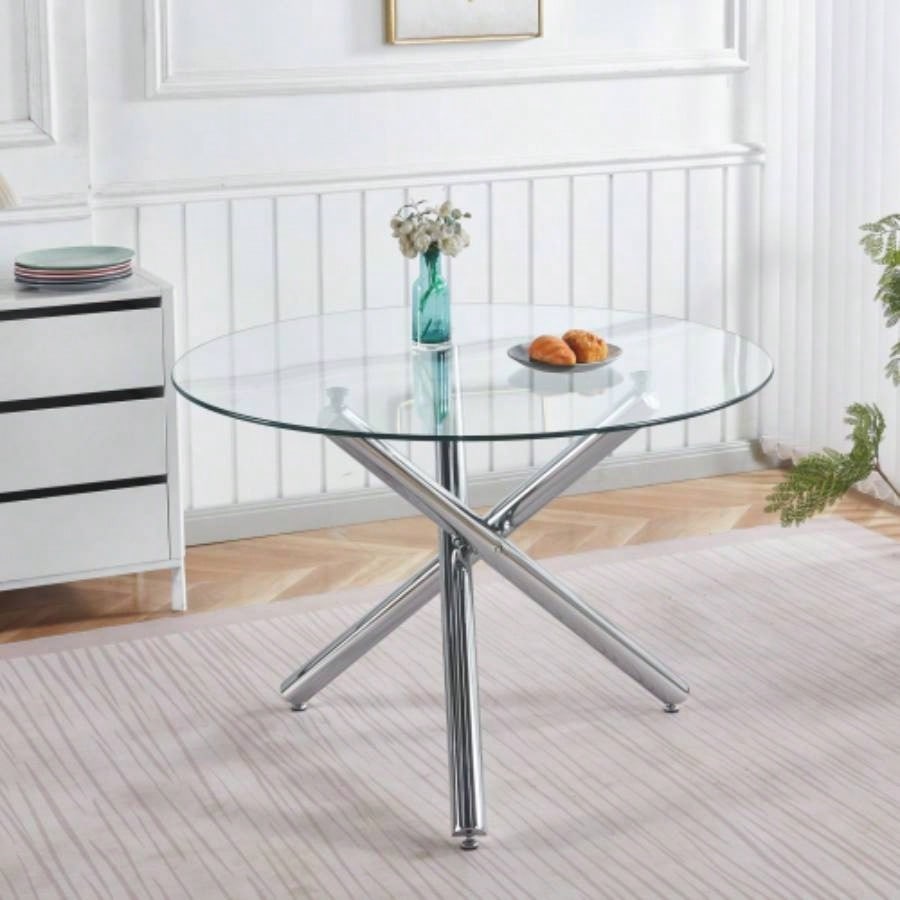Round Dining Table with walnut color metal leg and tempered glass, Modern Space Saving Kitchen Table Living Room