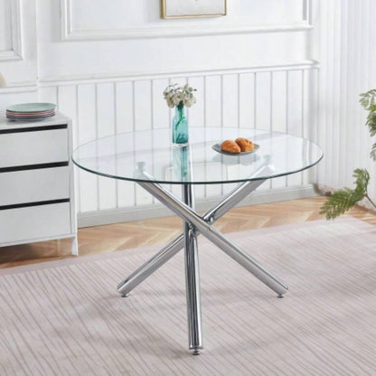 Round Dining Table with walnut color metal leg and tempered glass, Modern Space Saving Kitchen Table Living Room