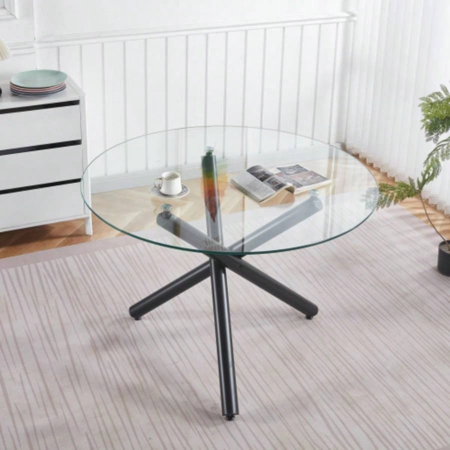Round Dining Table with walnut color metal leg and tempered glass, Modern Space Saving Kitchen Table Living Room