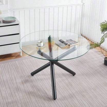 Round Dining Table with walnut color metal leg and tempered glass, Modern Space Saving Kitchen Table Living Room