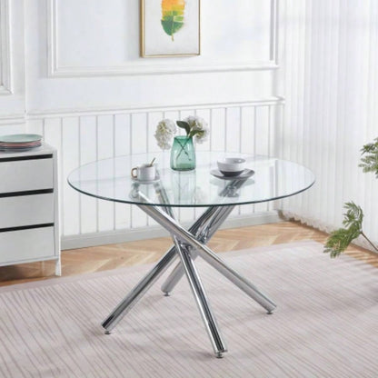 Round Dining Table with walnut color metal leg and tempered glass, Modern Space Saving Kitchen Table Living Room