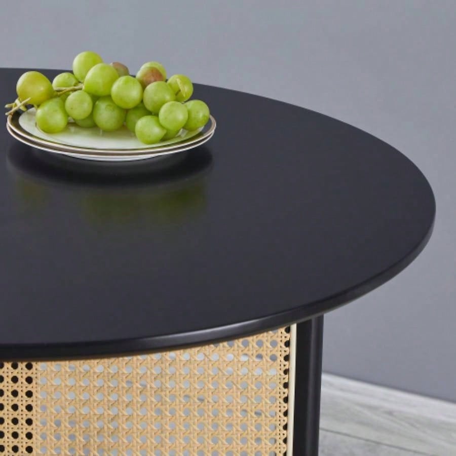 Black solid wood round table, all solid wood and rattan workmanship, seats 2 - 4 people, diameter 31.5 inches