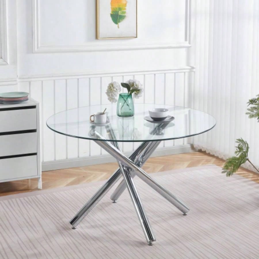 Round Dining Table with walnut color metal leg and tempered glass, Modern Space Saving Kitchen Table Living Room