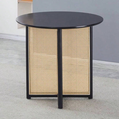 Black solid wood round table, all solid wood and rattan workmanship, seats 2 - 4 people, diameter 31.5 inches