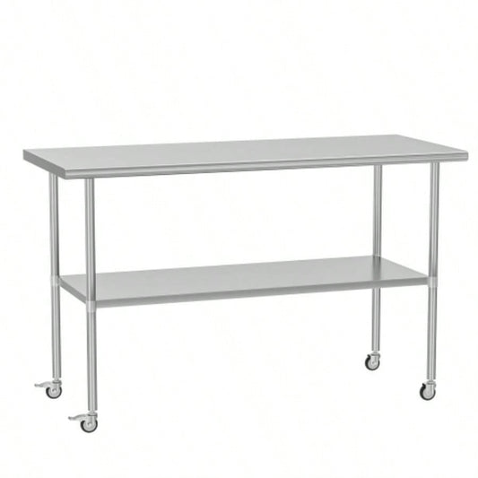 Stainless Steel Table 30x 60 Inches Metal Prep Table with Wheels Adjustable Undershelf, Stainless Table Commercial Kitchen, Outdoor, Restaurant, Hotel Garage