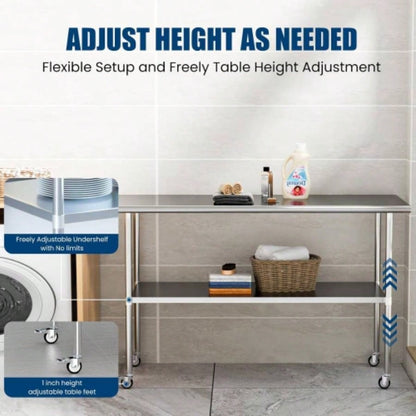 Stainless Steel Table 30x 60 Inches Metal Prep Table with Wheels Adjustable Undershelf, Stainless Table Commercial Kitchen, Outdoor, Restaurant, Hotel Garage