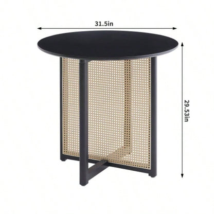 Black solid wood round table, all solid wood and rattan workmanship, seats 2 - 4 people, diameter 31.5 inches
