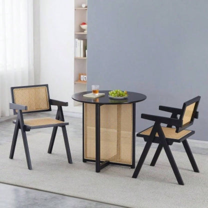 Black solid wood round table, all solid wood and rattan workmanship, seats 2 - 4 people, diameter 31.5 inches