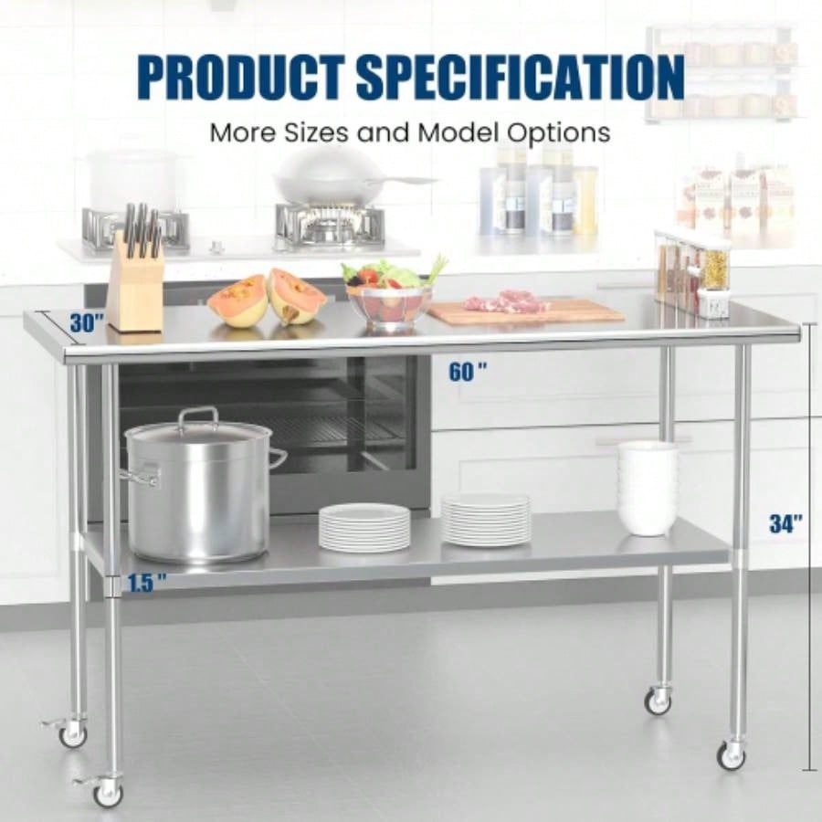 Stainless Steel Table 30x 60 Inches Metal Prep Table with Wheels Adjustable Undershelf, Stainless Table Commercial Kitchen, Outdoor, Restaurant, Hotel Garage