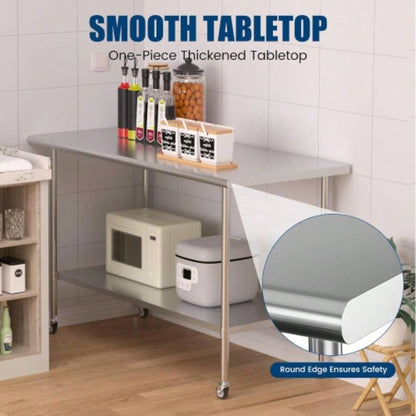 Stainless Steel Table 30x 60 Inches Metal Prep Table with Wheels Adjustable Undershelf, Stainless Table Commercial Kitchen, Outdoor, Restaurant, Hotel Garage
