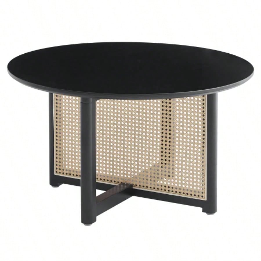 Mid - wooden coffee table with PE cane stand, 31.5 - inch round solid wood Bohemian style coffee table, unique central cocktail table living rooms, apartments and offices