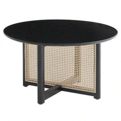 Mid - wooden coffee table with PE cane stand, 31.5 - inch round solid wood Bohemian style coffee table, unique central cocktail table living rooms, apartments and offices