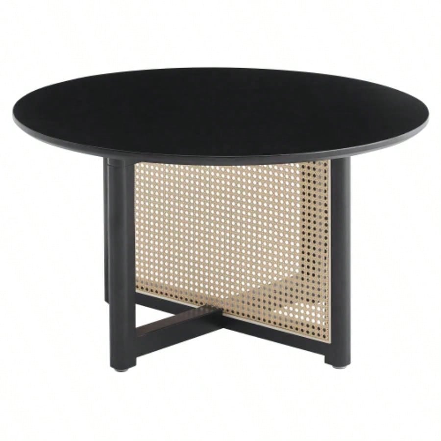 Mid - wooden coffee table with PE cane stand, 31.5 - inch round solid wood Bohemian style coffee table, unique central cocktail table living rooms, apartments and offices