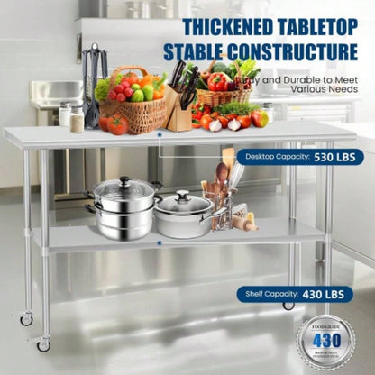 Stainless Steel Table 30x 60 Inches Metal Prep Table with Wheels Adjustable Undershelf, Stainless Table Commercial Kitchen, Outdoor, Restaurant, Hotel Garage