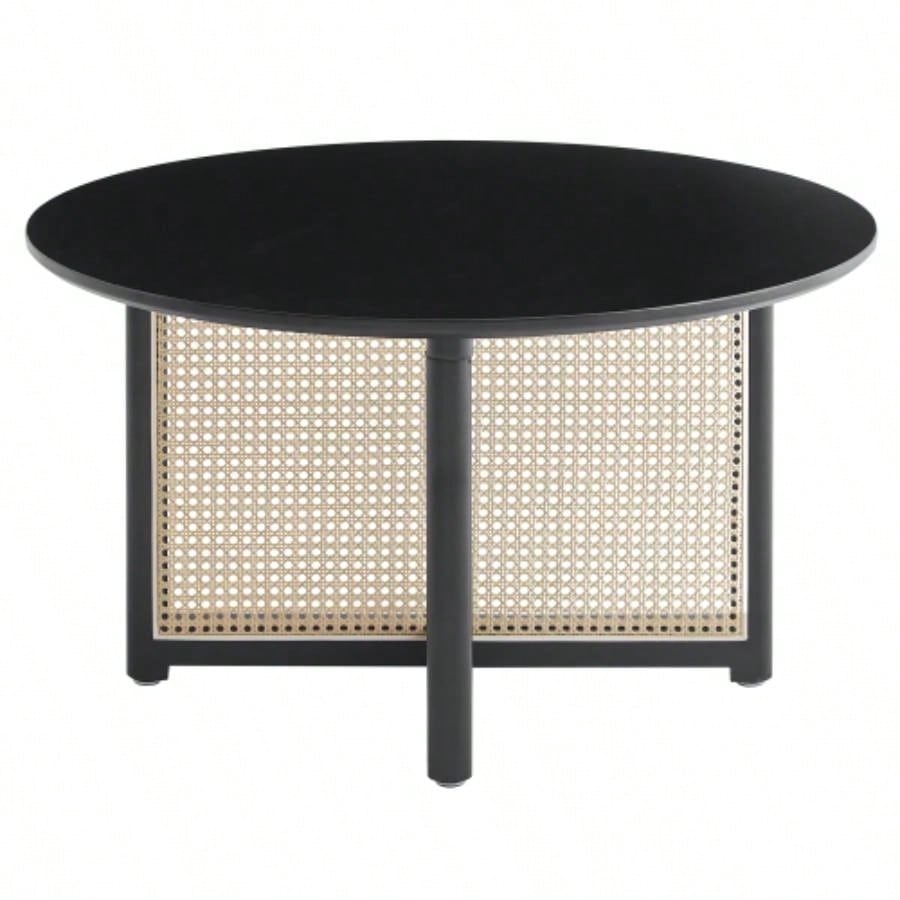 Mid - wooden coffee table with PE cane stand, 31.5 - inch round solid wood Bohemian style coffee table, unique central cocktail table living rooms, apartments and offices