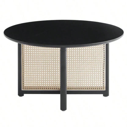 Mid - wooden coffee table with PE cane stand, 31.5 - inch round solid wood Bohemian style coffee table, unique central cocktail table living rooms, apartments and offices