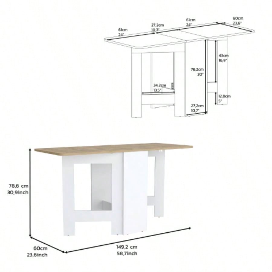 Folding Table with Expandable Design in 3 Forms, White/ Macadamia