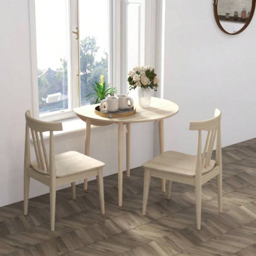 HOMCOM 35 Small Kitchen Table, Collapsible Drop Leaf Table Small Spaces, Round Folding Dining Table with Solid Wood Kitchen, Dining Room, Oak Color