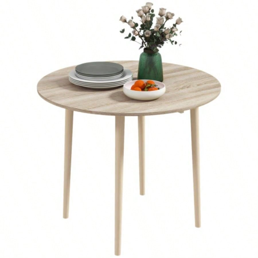 HOMCOM 35 Small Kitchen Table, Collapsible Drop Leaf Table Small Spaces, Round Folding Dining Table with Solid Wood Kitchen, Dining Room, Oak Color