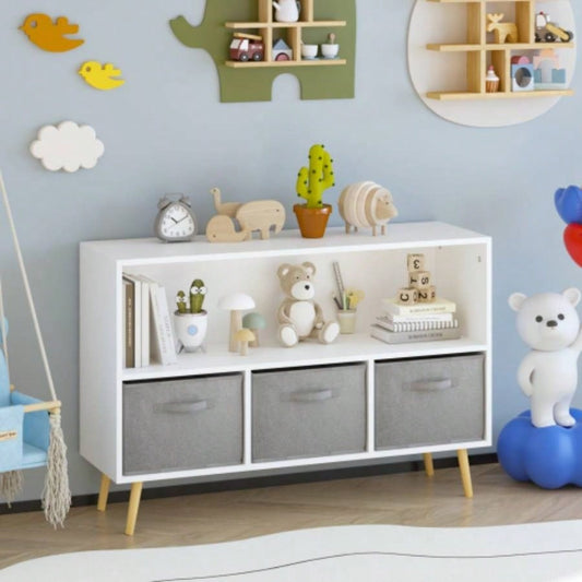 Kids bookcase with Collapsible Fabric Drawers, Childrens Book Display, Toy Storage Cabinet Organizer, White/Gray