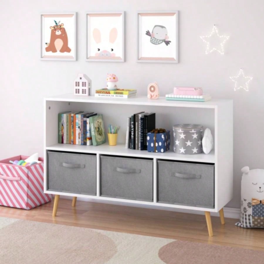 Kids bookcase with Collapsible Fabric Drawers, Childrens Book Display, Toy Storage Cabinet Organizer, White/Gray