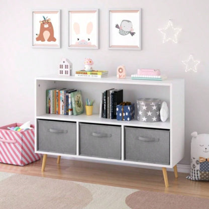 Kids bookcase with Collapsible Fabric Drawers, Childrens Book Display, Toy Storage Cabinet Organizer, White/Gray