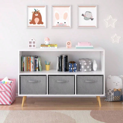 Kids bookcase with Collapsible Fabric Drawers, Childrens Book Display, Toy Storage Cabinet Organizer, White/Gray