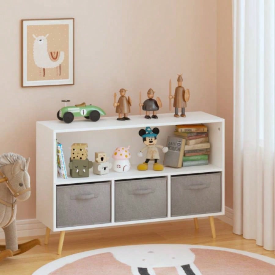 Kids bookcase with Collapsible Fabric Drawers, Childrens Book Display, Toy Storage Cabinet Organizer, White/Gray