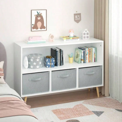 Kids bookcase with Collapsible Fabric Drawers, Childrens Book Display, Toy Storage Cabinet Organizer, White/Gray