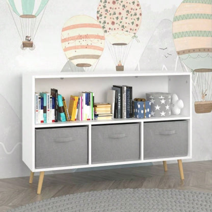 Kids bookcase with Collapsible Fabric Drawers, Childrens Book Display, Toy Storage Cabinet Organizer, White/Gray