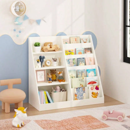 Kids Bookshelf and Toy Storage Organizer, Multifunctional 4 Tier Wooden Kids Book Shelf with Bookcase Display Stand in Kids Room Playroom Nursery Kids, Children, Toddlers White