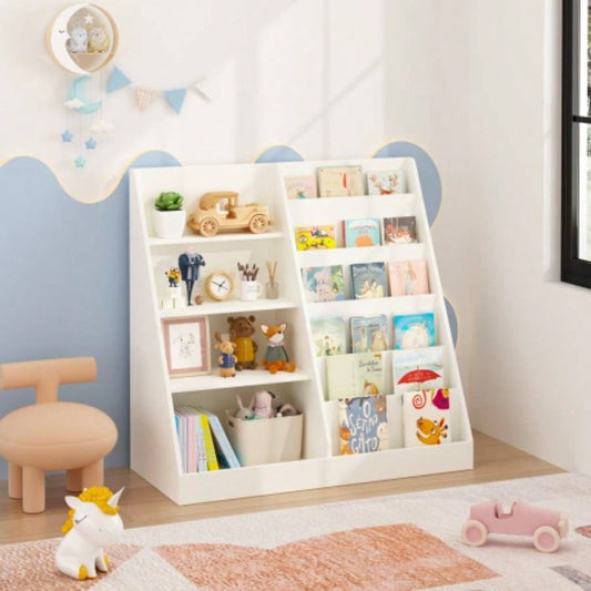 Kids Bookshelf and Toy Storage Organizer, Multifunctional 4 Tier Wooden Kids Book Shelf with Bookcase Display Stand in Kids Room Playroom Nursery Kids, Children, Toddlers White