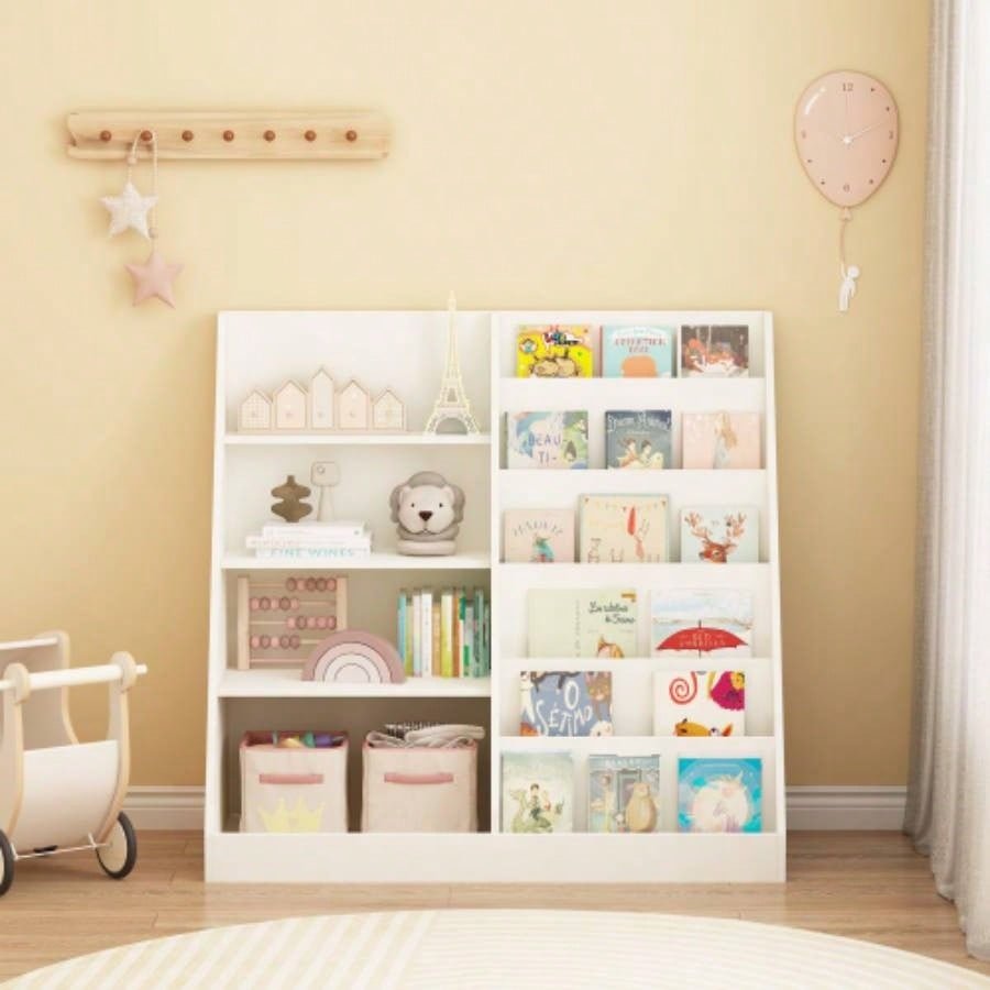 Kids Bookshelf and Toy Storage Organizer, Multifunctional 4 Tier Wooden Kids Book Shelf with Bookcase Display Stand in Kids Room Playroom Nursery Kids, Children, Toddlers White