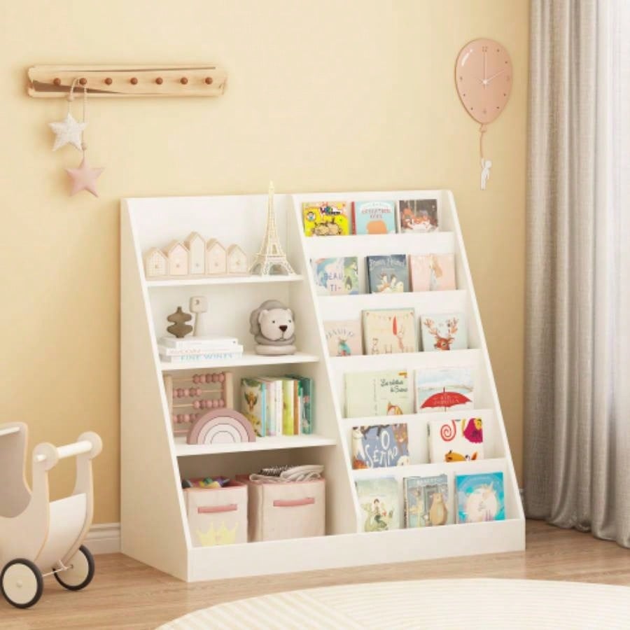 Kids Bookshelf and Toy Storage Organizer, Multifunctional 4 Tier Wooden Kids Book Shelf with Bookcase Display Stand in Kids Room Playroom Nursery Kids, Children, Toddlers White