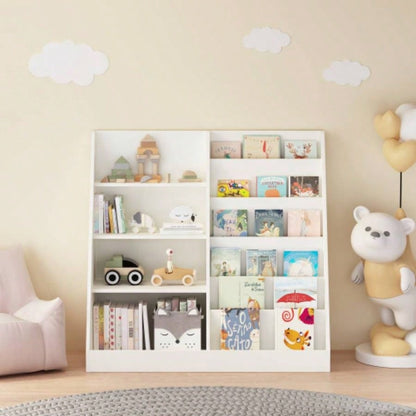 Kids Bookshelf and Toy Storage Organizer, Multifunctional 4 Tier Wooden Kids Book Shelf with Bookcase Display Stand in Kids Room Playroom Nursery Kids, Children, Toddlers White