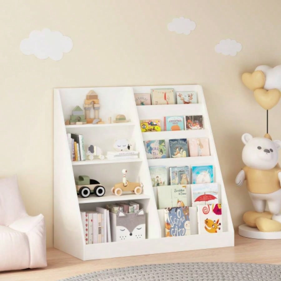 Kids Bookshelf and Toy Storage Organizer, Multifunctional 4 Tier Wooden Kids Book Shelf with Bookcase Display Stand in Kids Room Playroom Nursery Kids, Children, Toddlers White