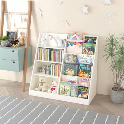 Kids Bookshelf and Toy Storage Organizer, Multifunctional 4 Tier Wooden Kids Book Shelf with Bookcase Display Stand in Kids Room Playroom Nursery Kids, Children, Toddlers White