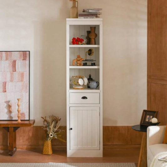 75 Freestanding 5 - Tier Display Book Shelf with 1 File Drawer, Farmhouse Bookcase with Storage Cabinet, Modern Wooden Organizer Pantry Hallways Living Room, Kitchen, Home, Office - White