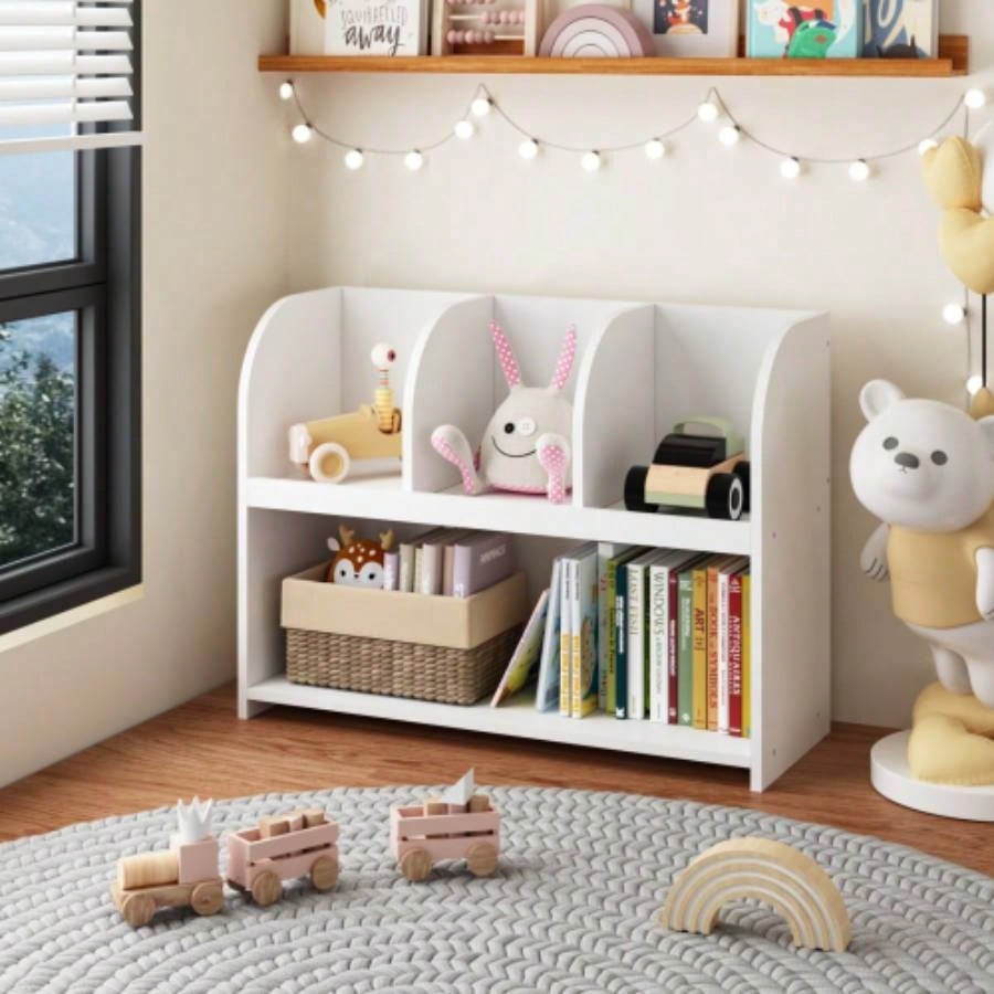 Kids Bookcase with 4 Compartments, Storage Book Shelf, Storage Display, Rack, Toy Organizer Childrens Room, Playroom, Nursery
