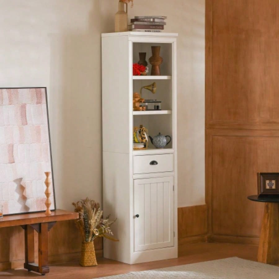 75 Freestanding 5 - Tier Display Book Shelf with 1 File Drawer, Farmhouse Bookcase with Storage Cabinet, Modern Wooden Organizer Pantry Hallways Living Room, Kitchen, Home, Office - White