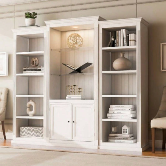 78.75 Tall 3 - Pieces Bookcase Display Cabinet with 5 Colors Adjustable LED Ceiling Light, Retro style Bookshelves with tempered glass shelves Living Room, Office, Studio or Workspace, White