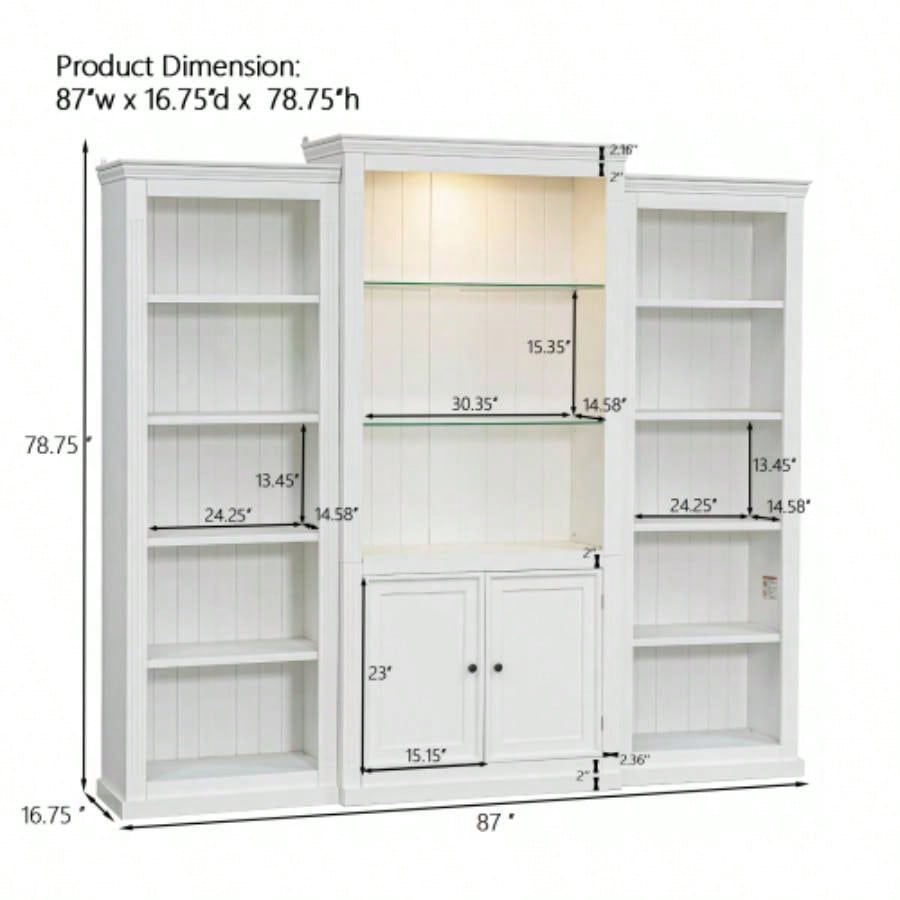 78.75 Tall 3 - Pieces Bookcase Display Cabinet with 5 Colors Adjustable LED Ceiling Light, Retro style Bookshelves with tempered glass shelves Living Room, Office, Studio or Workspace, White