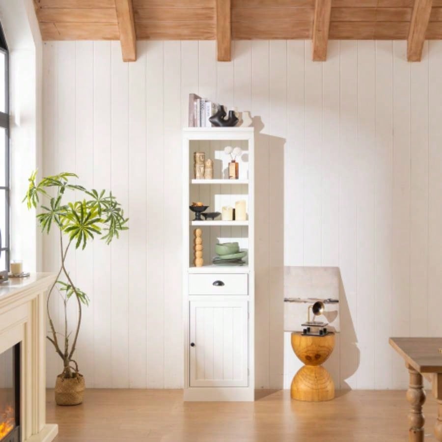 75 Freestanding 5 - Tier Display Book Shelf with 1 File Drawer, Farmhouse Bookcase with Storage Cabinet, Modern Wooden Organizer Pantry Hallways Living Room, Kitchen, Home, Office - White