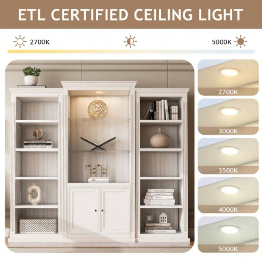 78.75 Tall 3 - Pieces Bookcase Display Cabinet with 5 Colors Adjustable LED Ceiling Light, Retro style Bookshelves with tempered glass shelves Living Room, Office, Studio or Workspace, White