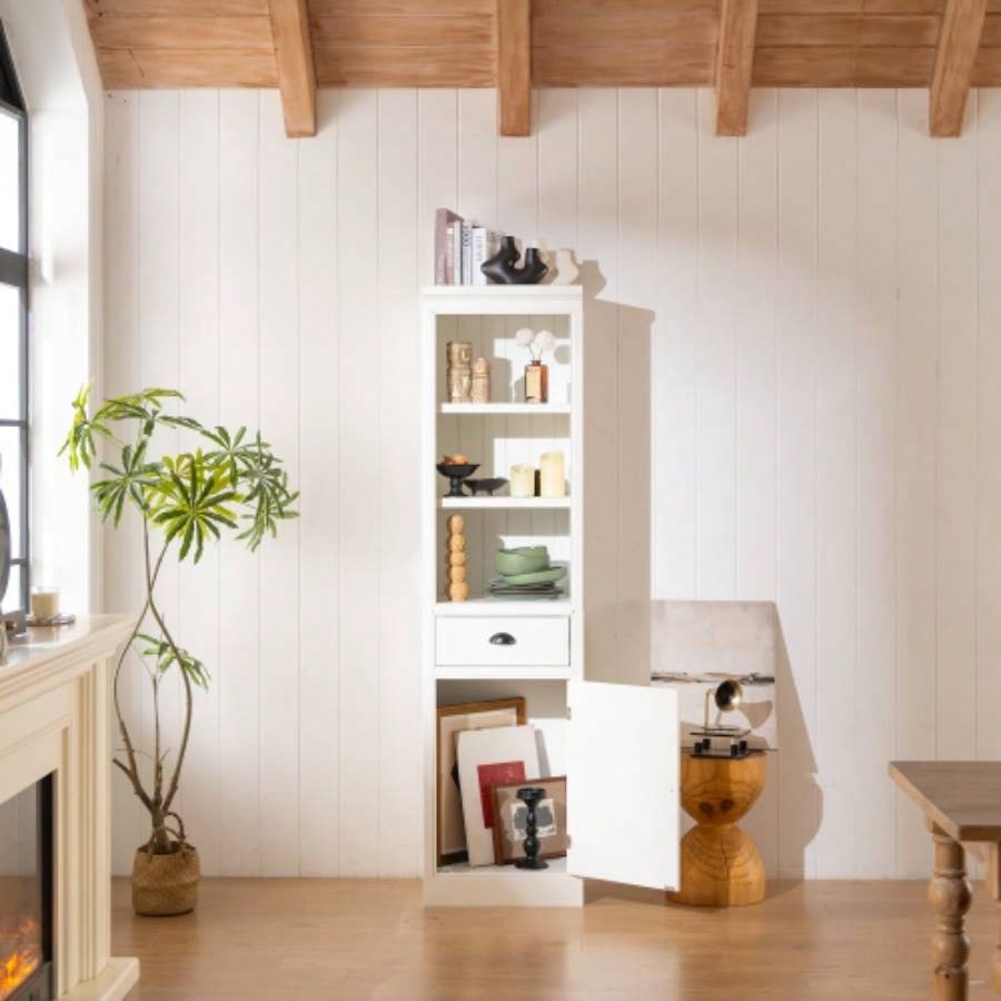 75 Freestanding 5 - Tier Display Book Shelf with 1 File Drawer, Farmhouse Bookcase with Storage Cabinet, Modern Wooden Organizer Pantry Hallways Living Room, Kitchen, Home, Office - White