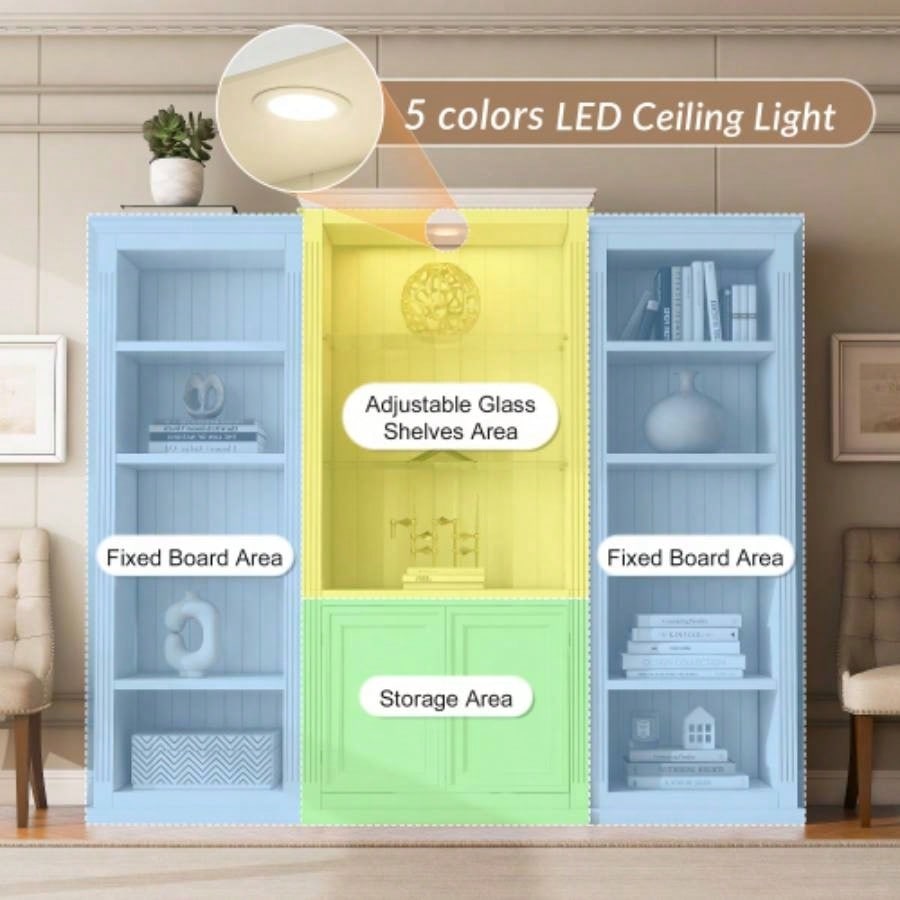 78.75 Tall 3 - Pieces Bookcase Display Cabinet with 5 Colors Adjustable LED Ceiling Light, Retro style Bookshelves with tempered glass shelves Living Room, Office, Studio or Workspace, White