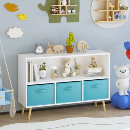 Kids bookcase with Collapsible Fabric Drawers, Childrens Book Display, Toy Storage Cabinet Organizer, White/Blue
