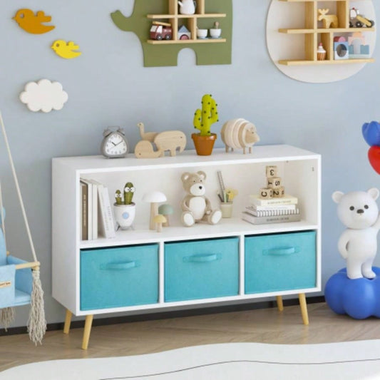 Kids bookcase with Collapsible Fabric Drawers, Childrens Book Display, Toy Storage Cabinet Organizer, White/Blue