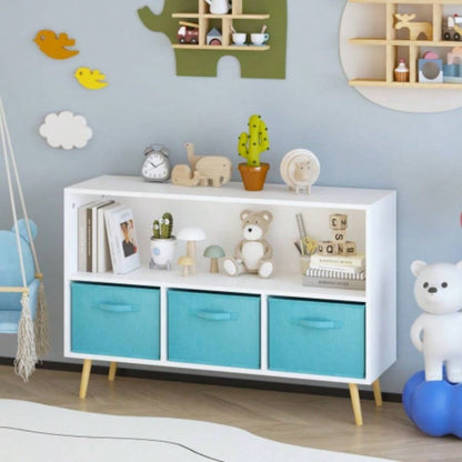 Kids bookcase with Collapsible Fabric Drawers, Childrens Book Display, Toy Storage Cabinet Organizer, White/Blue