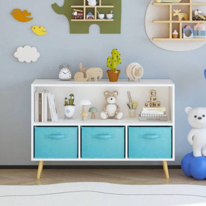Kids bookcase with Collapsible Fabric Drawers, Childrens Book Display, Toy Storage Cabinet Organizer, White/Blue